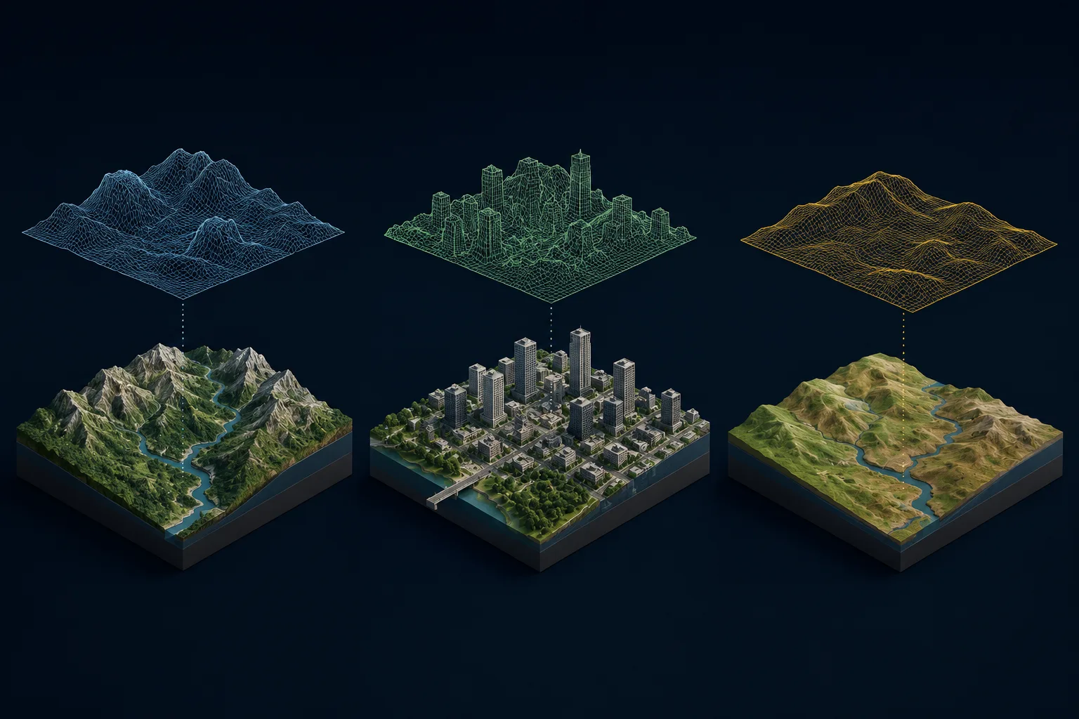 DEM vs DSM vs DTM comparison diagram Digital Elevation Model visualization Digital Surface Model example Digital Terrain Model for GIS mapping Elevation models used in infrastructure planning DEM and DSM comparison in remote sensing