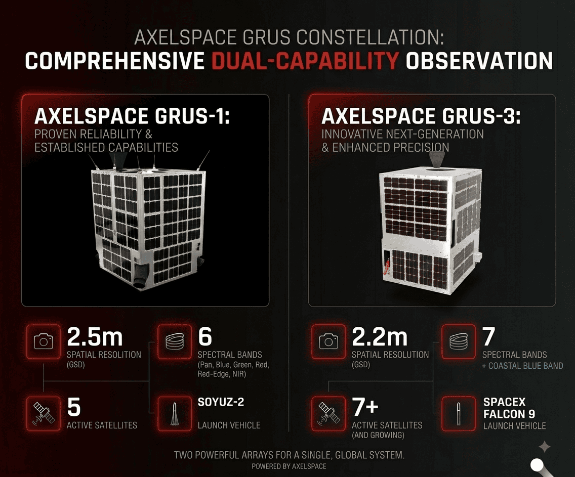 Axelspace GRUS Constellation infographic highlighting combined capabilities of GRUS-1 and next-generation GRUS-3 satellites including 2.2m resolution and Coastal Blue band
