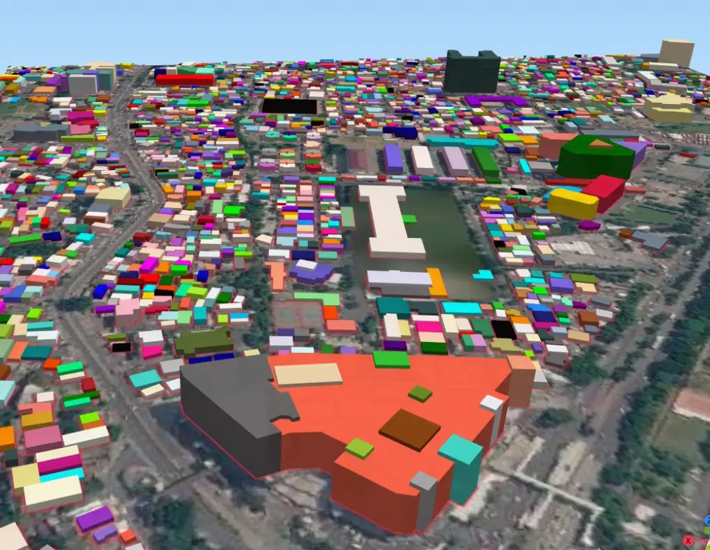 3D visualization of building footprints over satellite imagery showing building distribution, density, and relative height variation.